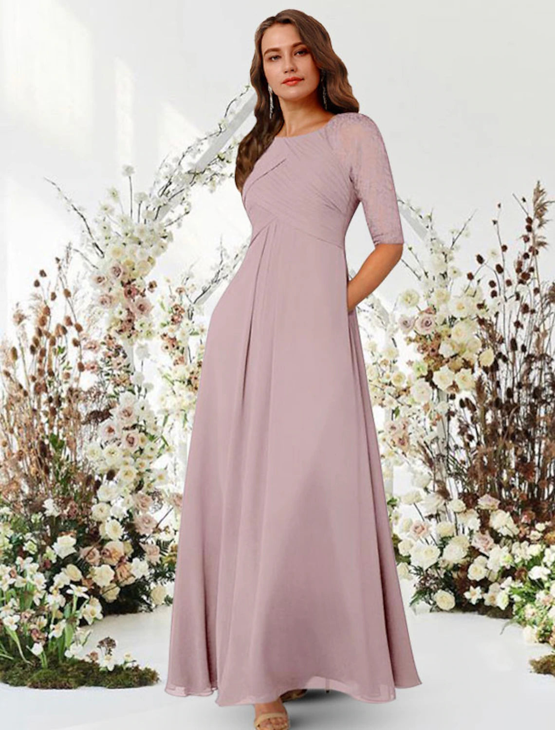 Luolandi A-Line Evening Gown Elegant Dress Wedding Guest Formal Evening Floor Length Half Sleeve Jewel Neck Chiffon