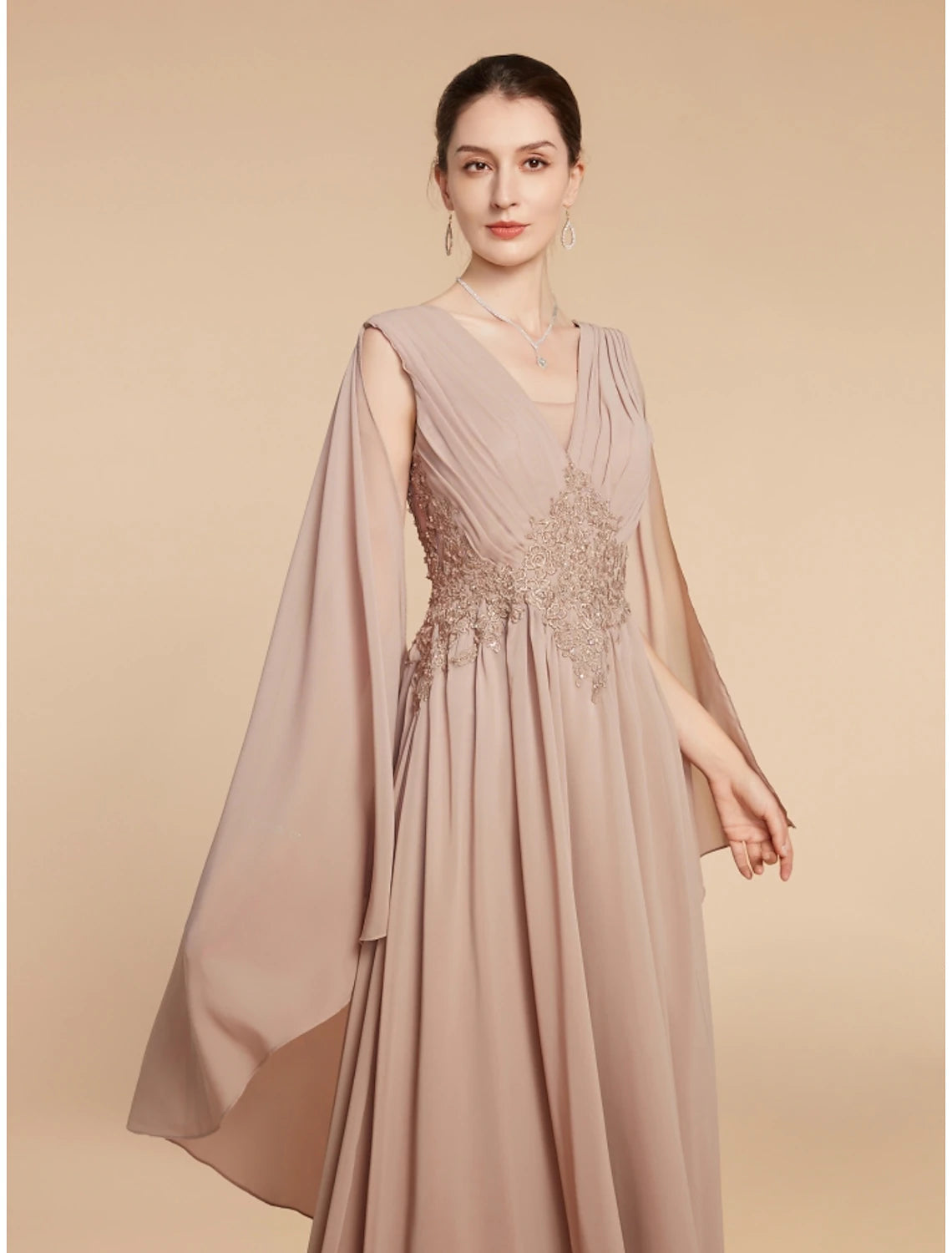 Luolandi A-Line Mother of the Bride Dress Wedding Guest Elegant V Neck Ankle Length Chiffon Lace Sleeveless with Ruching