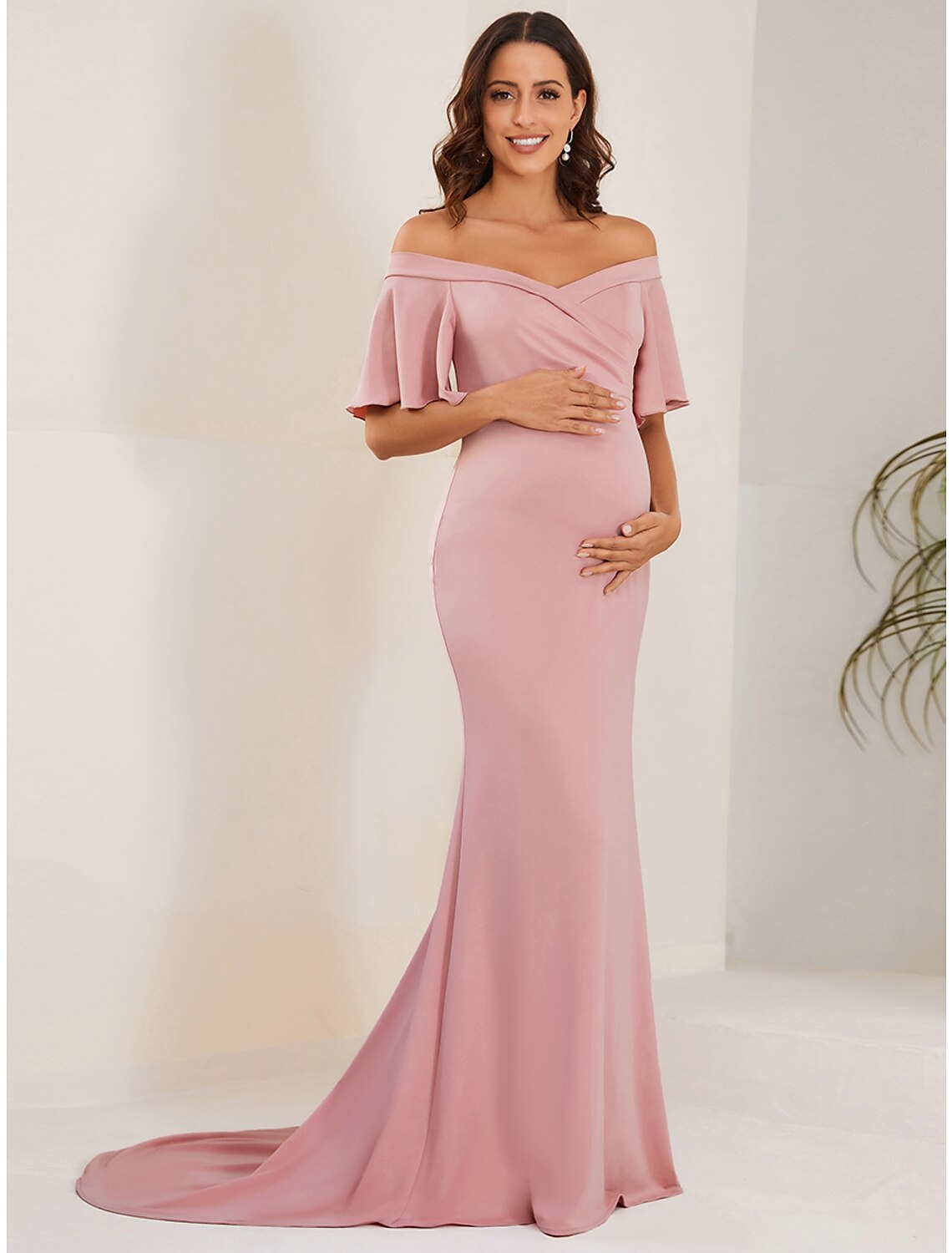 Luolandi Mermaid / Trumpet Maternity Dresses Maternity Dress Formal Court Train Short Sleeve Off Shoulder Fabric with Ruched