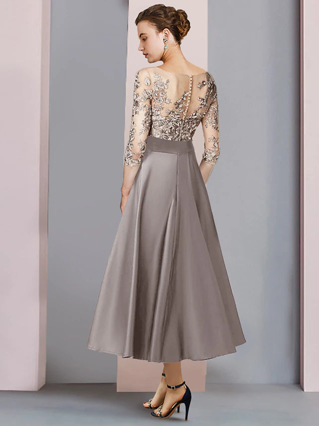 Luolandi A-Line Mother of the Bride Dress Wedding Guest Party Elegant Scoop Neck Tea Length Satin Lace Half Sleeve