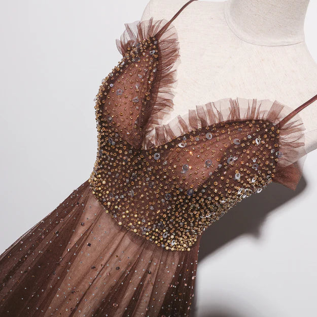 Luolandi Shiny Tulle Beaded Long Straps Floor Length Party Dress A-line Prom Gown Evening Dress