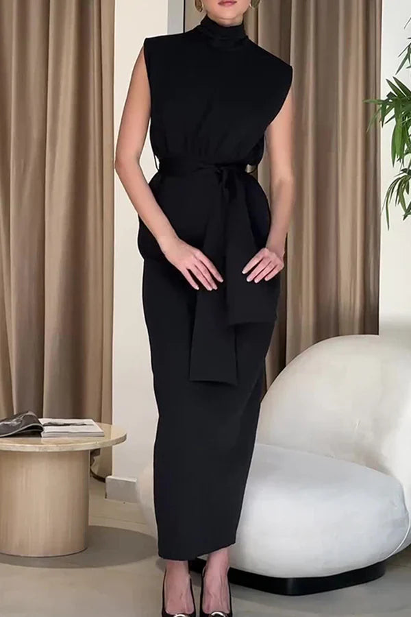Luolandi Elegant solid color slit with waistband half high neckline skirt evening dress Black
