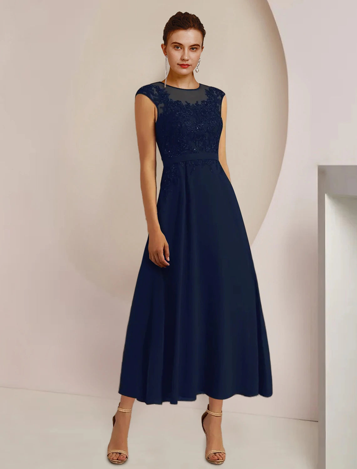 Luolandi Two Piece A-Line Mother of the Bride Dress Formal Wedding Guest Elegant Scoop Neck Tea Length Chiffon Lace 3/4 Length Sleeve Jacket Dresses with Sash