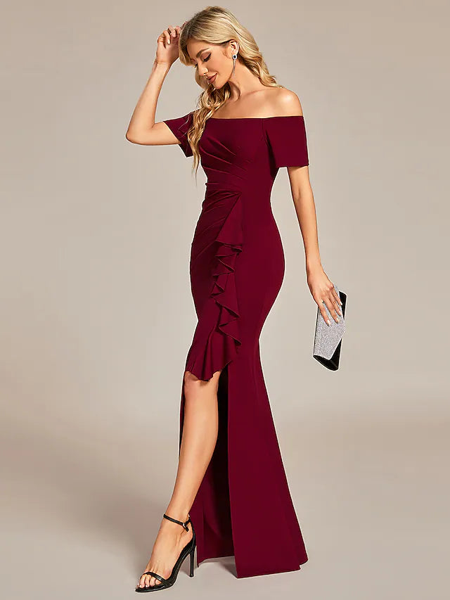 Luolandi Prom Dress Wedding Guest Dress Long Black Wine Short Sleeve Pure Color Ruched Spring Fall Off Shoulder