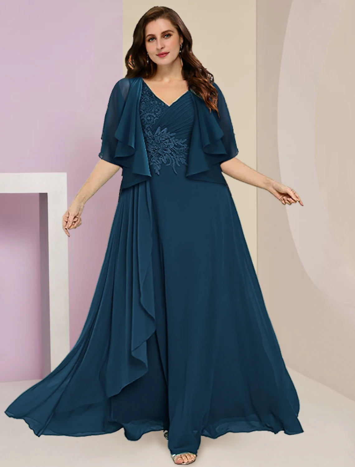 Luolandi Two Piece A-Line Mother of the Bride Dress Formal Wedding Guest Plus Size Hide Belly Elegant V Neck Floor Length Chiffon Lace Sleeveless with Ruched