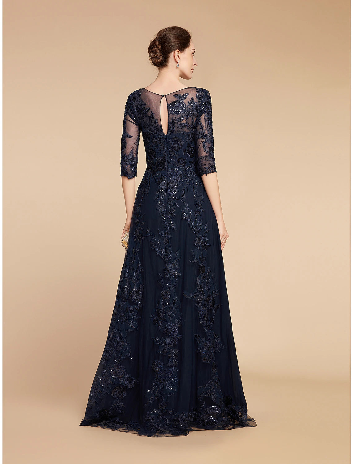 Luolandi A-Line Mother of the Bride Dress Formal Wedding Guest Elegant Party Scoop Neck Floor Length Chiffon Lace 3/4 Length Sleeve with Sequin
