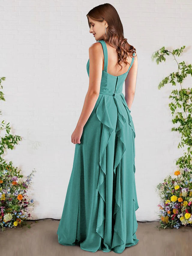 Luolandi A-Line Bridesmaid Dress V Neck Sleeveless Elegant Floor Length Chiffon with Ruffles Pure Color
