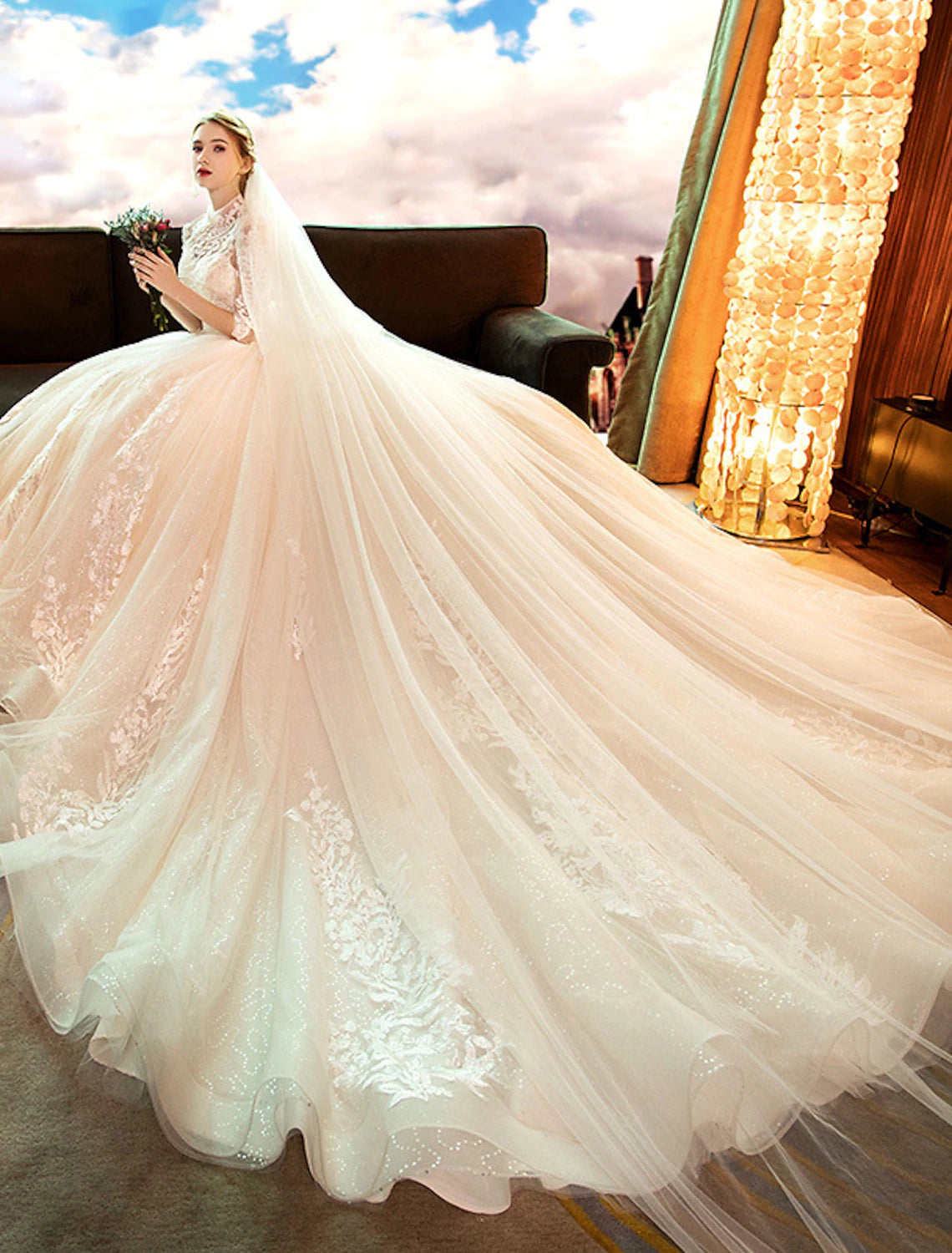 Luolandi Engagement Sparkle & Shine Formal Wedding Dresses Ball Gown High Neck Long Sleeve Cathedral Train Lace Bridal Gowns With Sequin