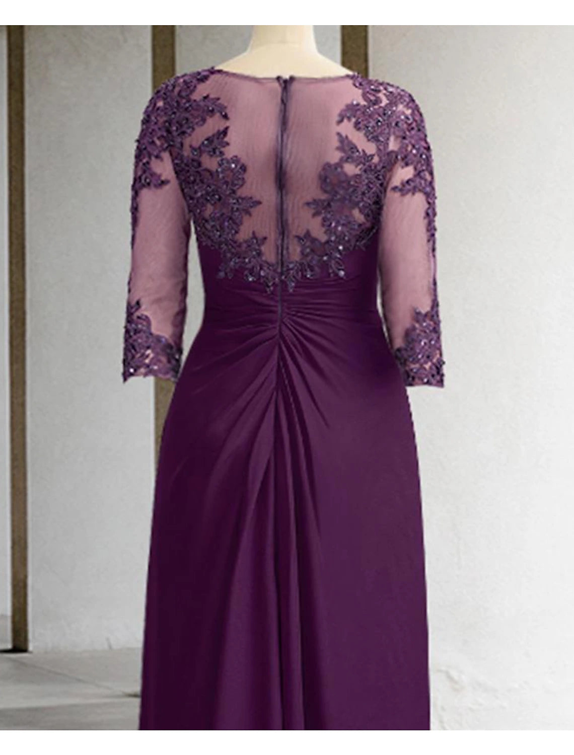 Luolandi Sheath / Column Mother of the Bride Dress Formal Fall Wedding Guest Elegant Sequin Scoop Neck Floor Length Chiffon Lace 3/4 Sleeve with Appliques Sparkle