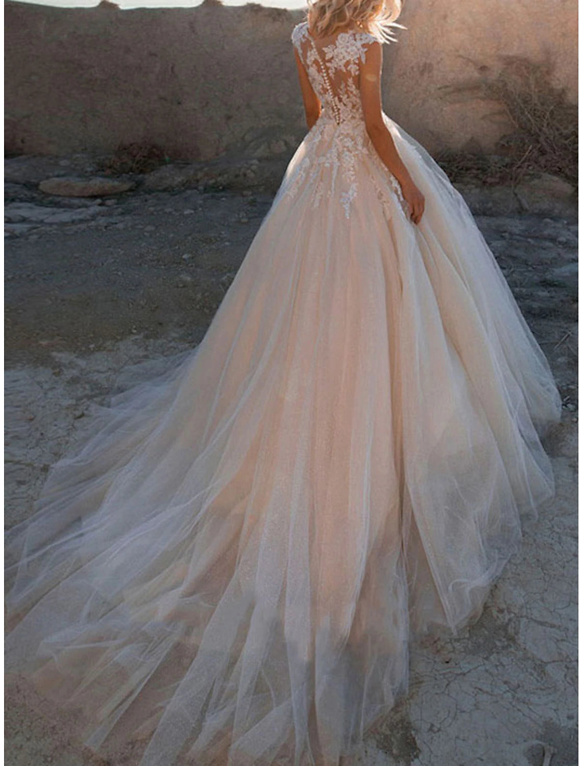 Luolandi Formal Wedding Dresses Ball Gown Illusion Neck Cap Sleeve Court Train Lace Bridal Gowns With Buttons Appliques Summer Wedding Party