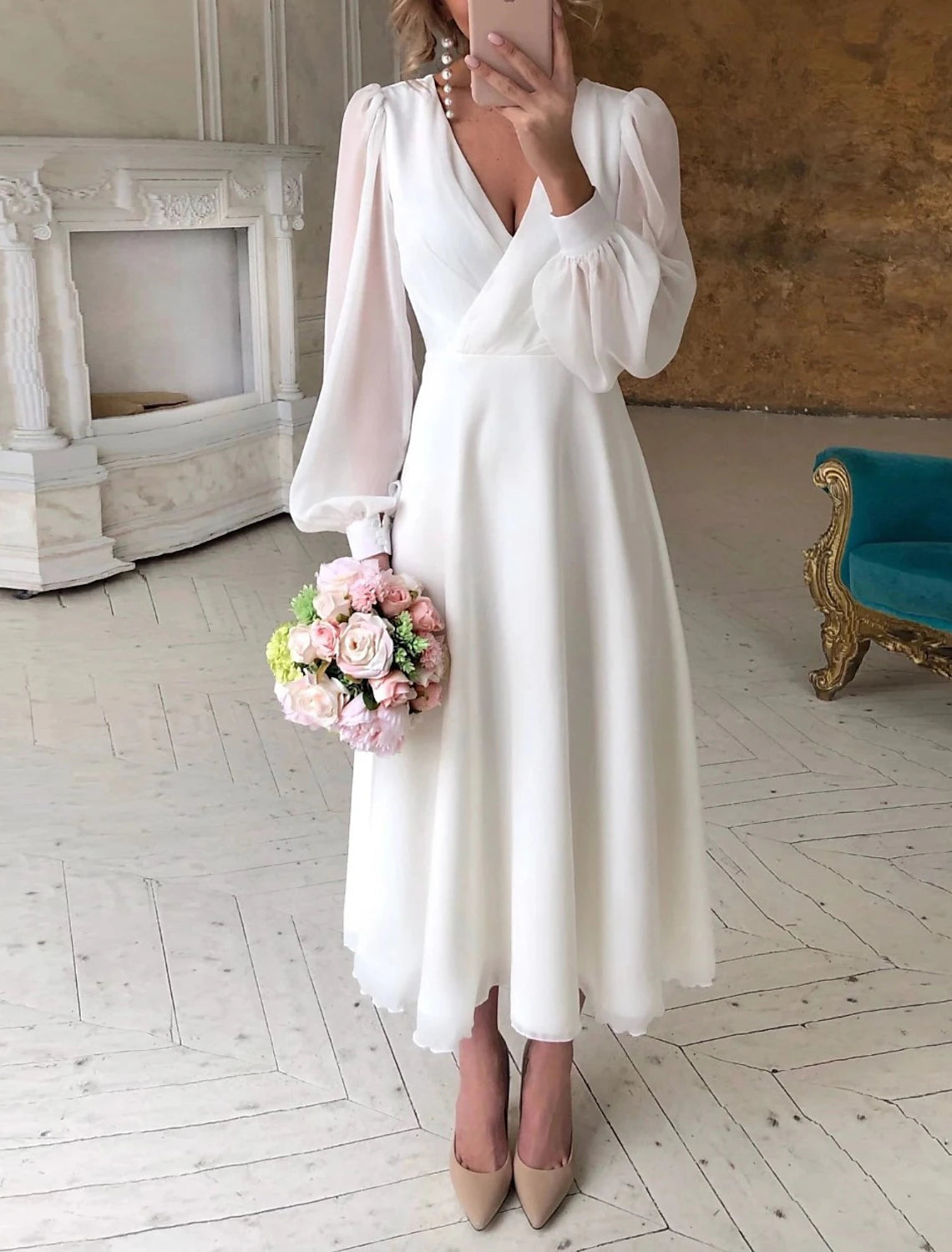 Luolandi Bridal Shower Little Dresses Wedding Dresses Ankle Length Long Sleeve V Neck Chiffon With Solid Color