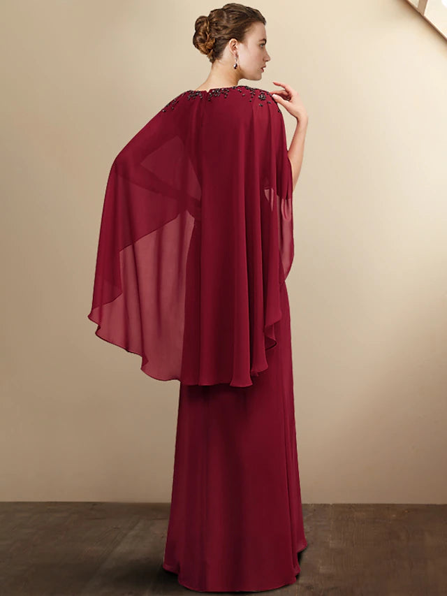 Luolandi A-Line Mother of the Bride Dress Plus Size Elegant V Neck Floor Length Chiffon Half Sleeve with Pleats Beading