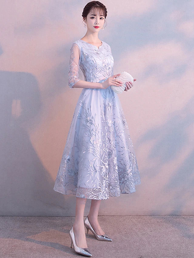 Luolandi Elegant Cocktail Party Prom Dress Jewel Neck 3/4 Length Sleeve Tea Length Lace with Lace Insert Pattern / Print Appliques
