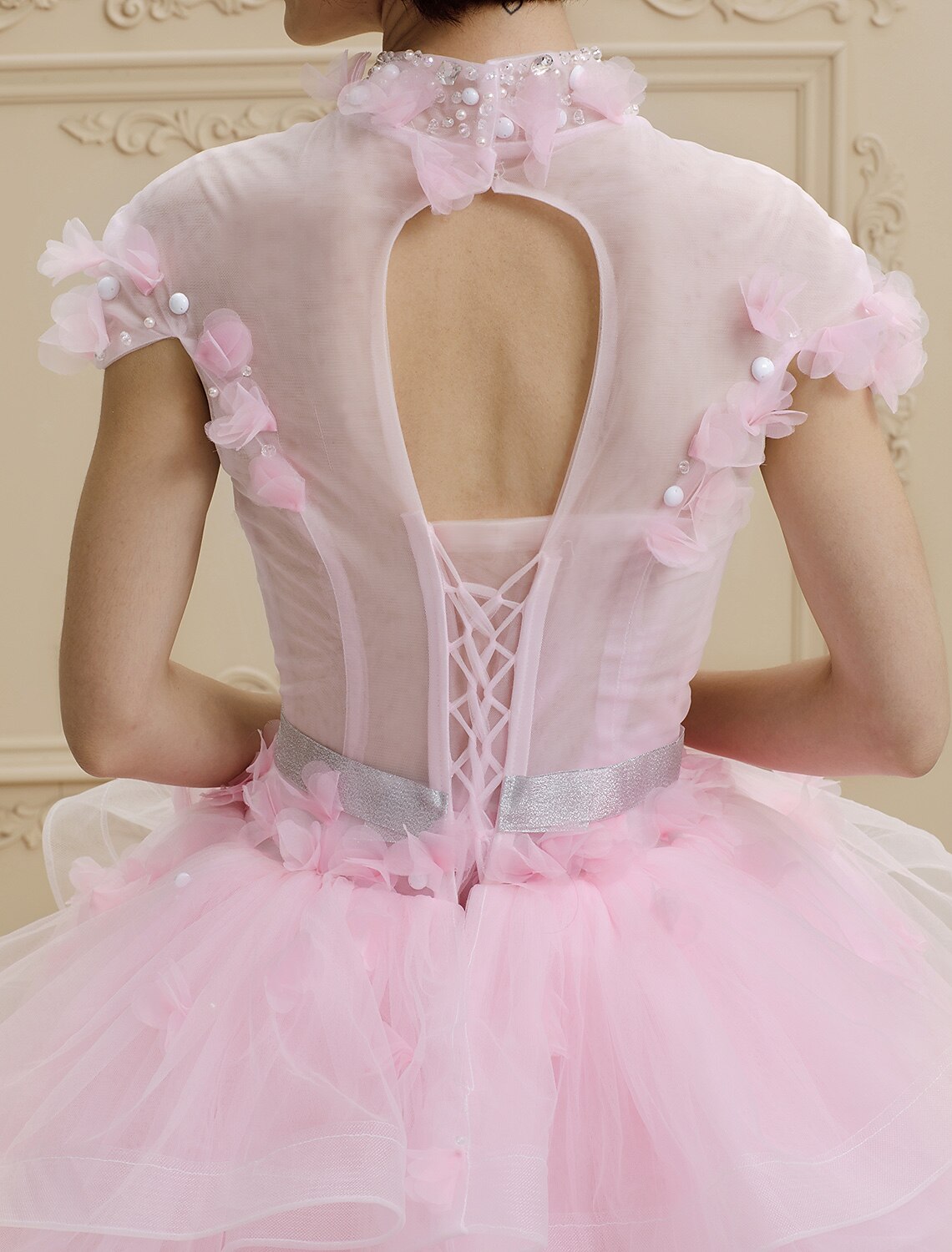 Luolandi Ball Gown High Neck Floor Length Organza Tulle Wedding Dress with Crystal Beading Bow