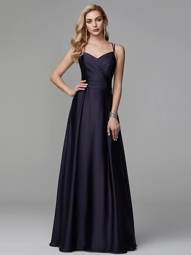 Luolandi A-Line Prom Dresses Beautiful Back Dress Evening Party Floor Length Sleeveless Spaghetti Strap Satin Crisscross Back with Beading