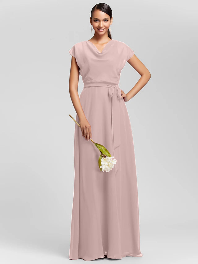 Luolandi Sheath / Column Bridesmaid Dress Cowl Neck Short Sleeve Elegant Floor Length Chiffon with Sash / Ribbon