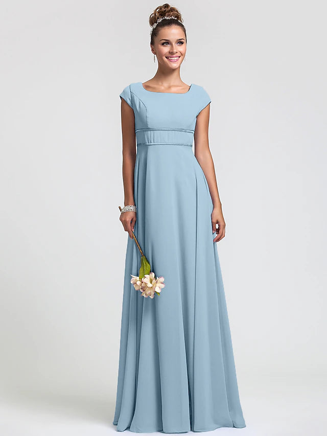 Luolandi Sheath / Column Bridesmaid Dress Square Neck Short Sleeve Elegant Floor Length Chiffon with Sash / Ribbon