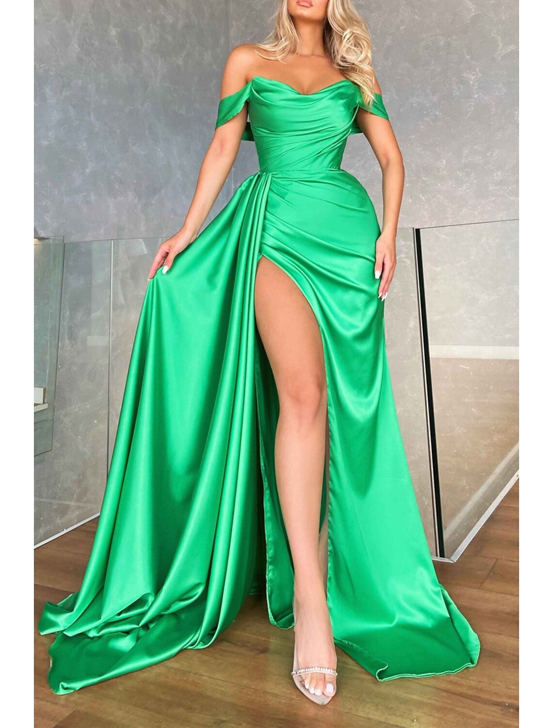Luolandi Mermaid / Trumpet Prom Dresses Empire Dress Formal Sweep / Brush Train Sleeveless Off Shoulder Imitation Silk Backless with Ruched
