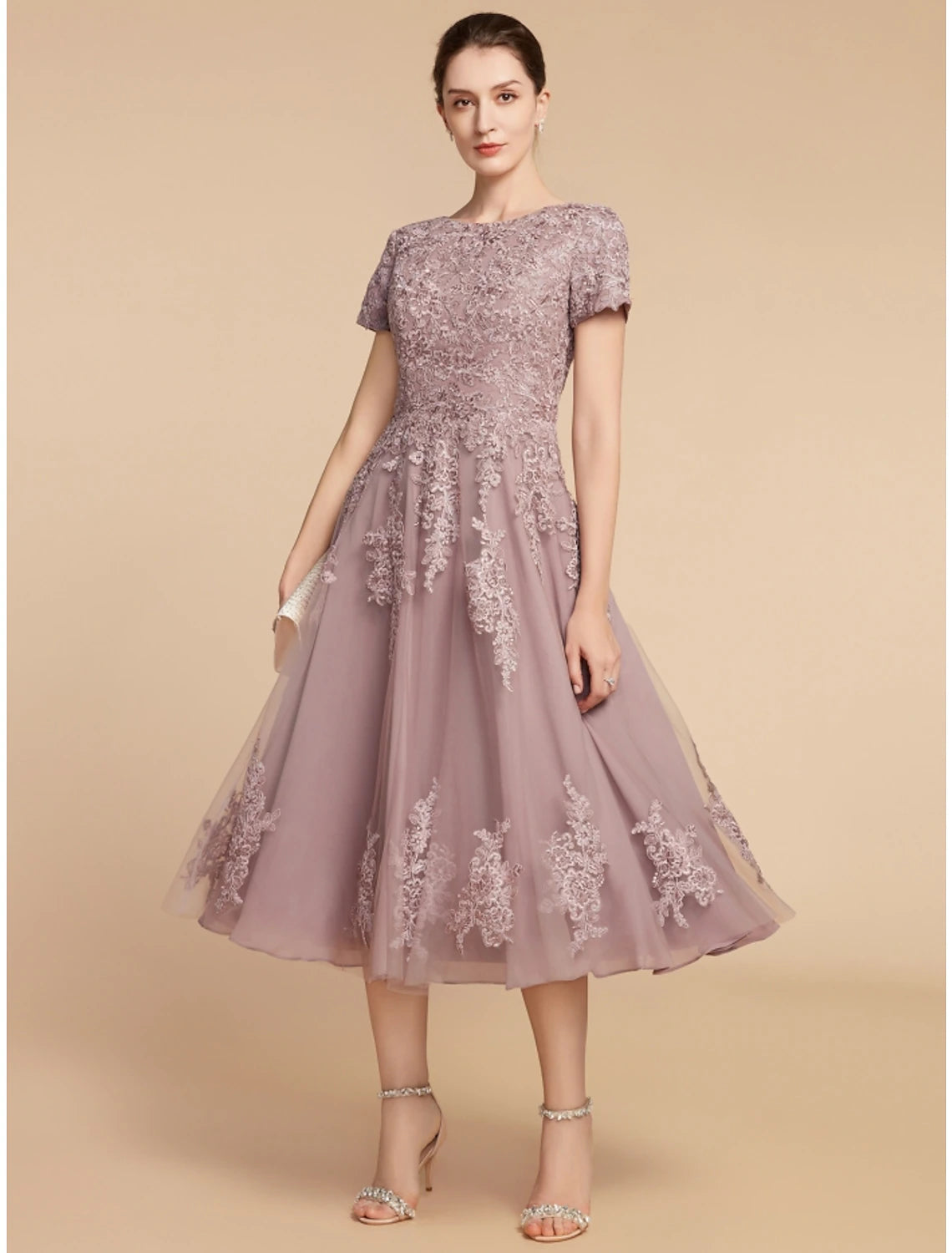 Luolandi A-Line Mother of the Bride Dress Wedding Guest Elegant Petite Jewel Neck Tea Length Lace Tulle Short Sleeve