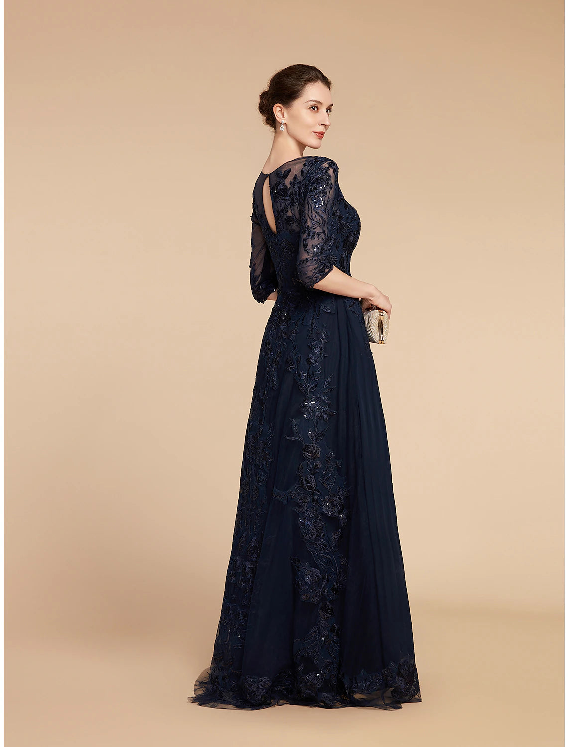 Luolandi A-Line Mother of the Bride Dress Formal Wedding Guest Elegant Party Scoop Neck Floor Length Chiffon Lace 3/4 Length Sleeve with Sequin