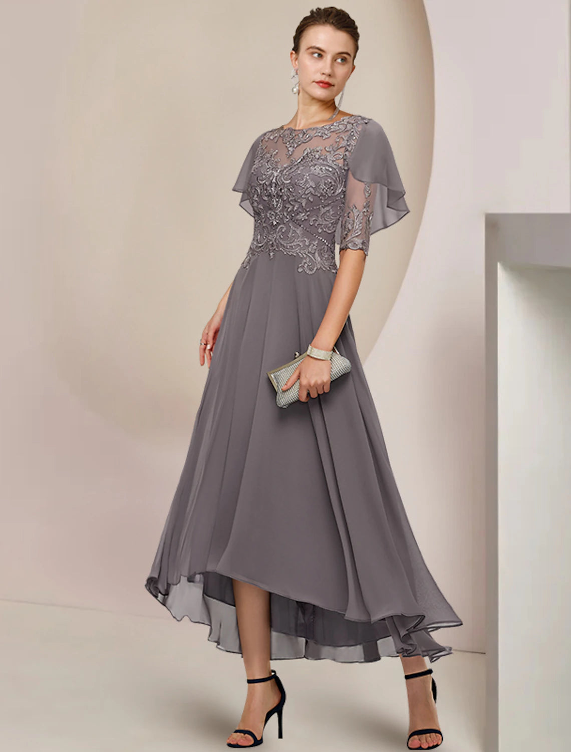 Luolandi A-Line Mother of the Bride Dress Formal Wedding Guest Elegant Scoop Neck Asymmetrical Tea Length Chiffon Lace Half Sleeve