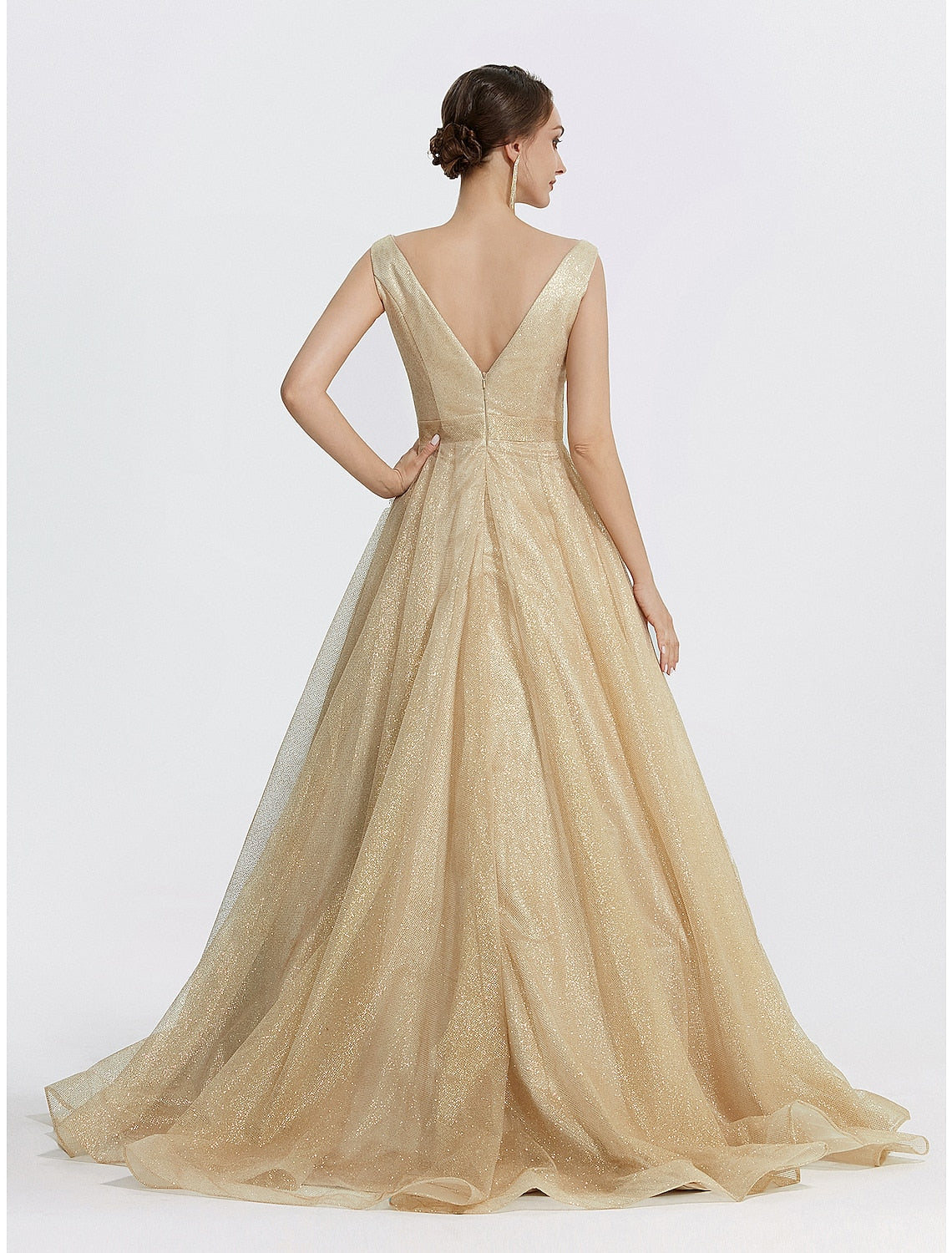 Luolandi Ball Gown Prom Dresses Sparkle Dress Wedding Quinceanera Floor Length Sleeveless V Neck Tulle