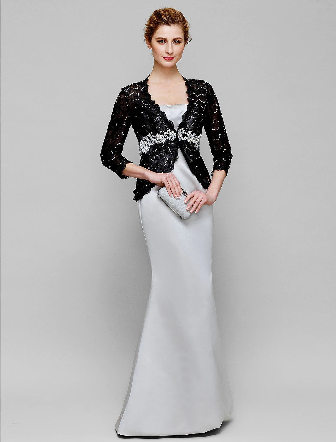 Luolandi Mermaid / Trumpet Mother of the Bride Dress Convertible Dress Strapless Floor Length Satin Lace 3/4 Length Sleeve No with Lace Beading