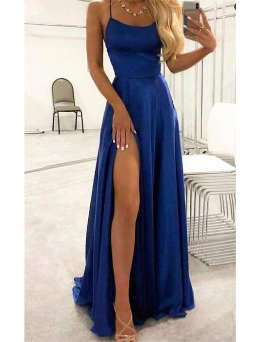 A-Line Evening Gown Empire Dress Formal Court Train Sleeveless Spaghetti Strap Charmeuse Backless