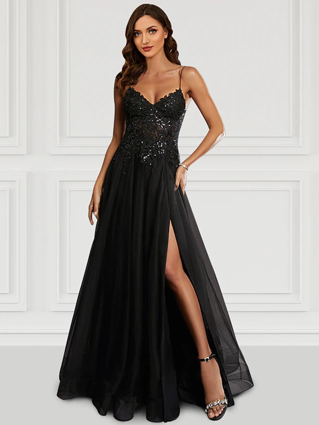 Luolandi A-Line Prom Dresses Black Dress Party Wear Floor Length Sleeveless Spaghetti Strap Tulle