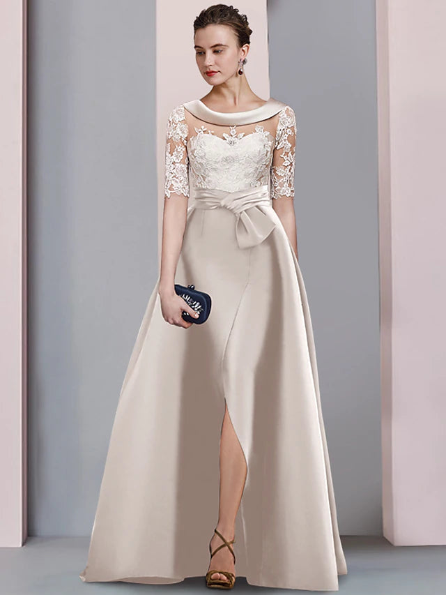 Luolandi A-Line Mother of the Bride Dress Wedding Guest Elegant Scoop Neck Floor Length Satin Lace Half Sleeve