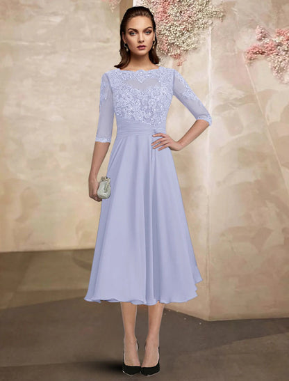 A-Line Mother of the Bride Dress Wedding Guest Plus Size Elegant Jewel Neck Tea Length Chiffon Lace Half Sleeve with Ruched Beading Appliques
