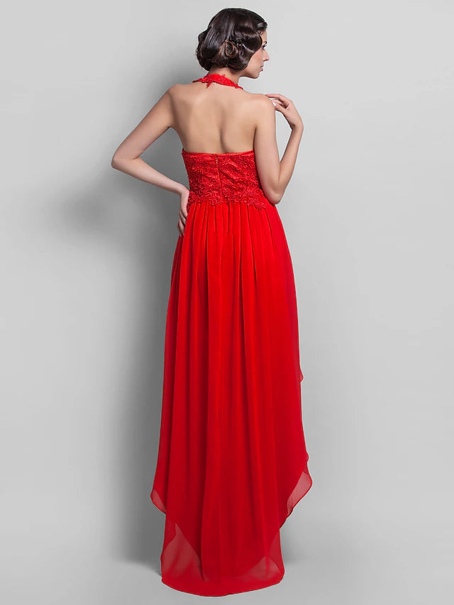 Luolandi Sheath / Column Elegant Dress Wedding Guest Asymmetrical Sleeveless Halter Chiffon Backless
