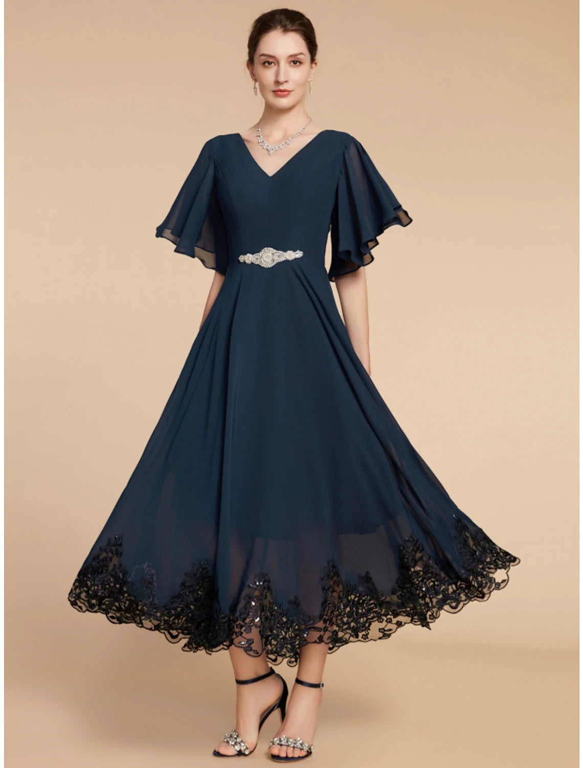Luolandi A-Line Mother of the Bride Dress Wedding Guest Elegant Vintage V Neck Ankle Length Chiffon Lace Short Sleeve with Crystal Brooch Ruching