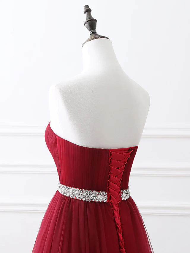 Luolandi A-Line Elegant Quinceanera Prom Valentine's Day Dress Strapless Sleeveless Chapel Train Satin