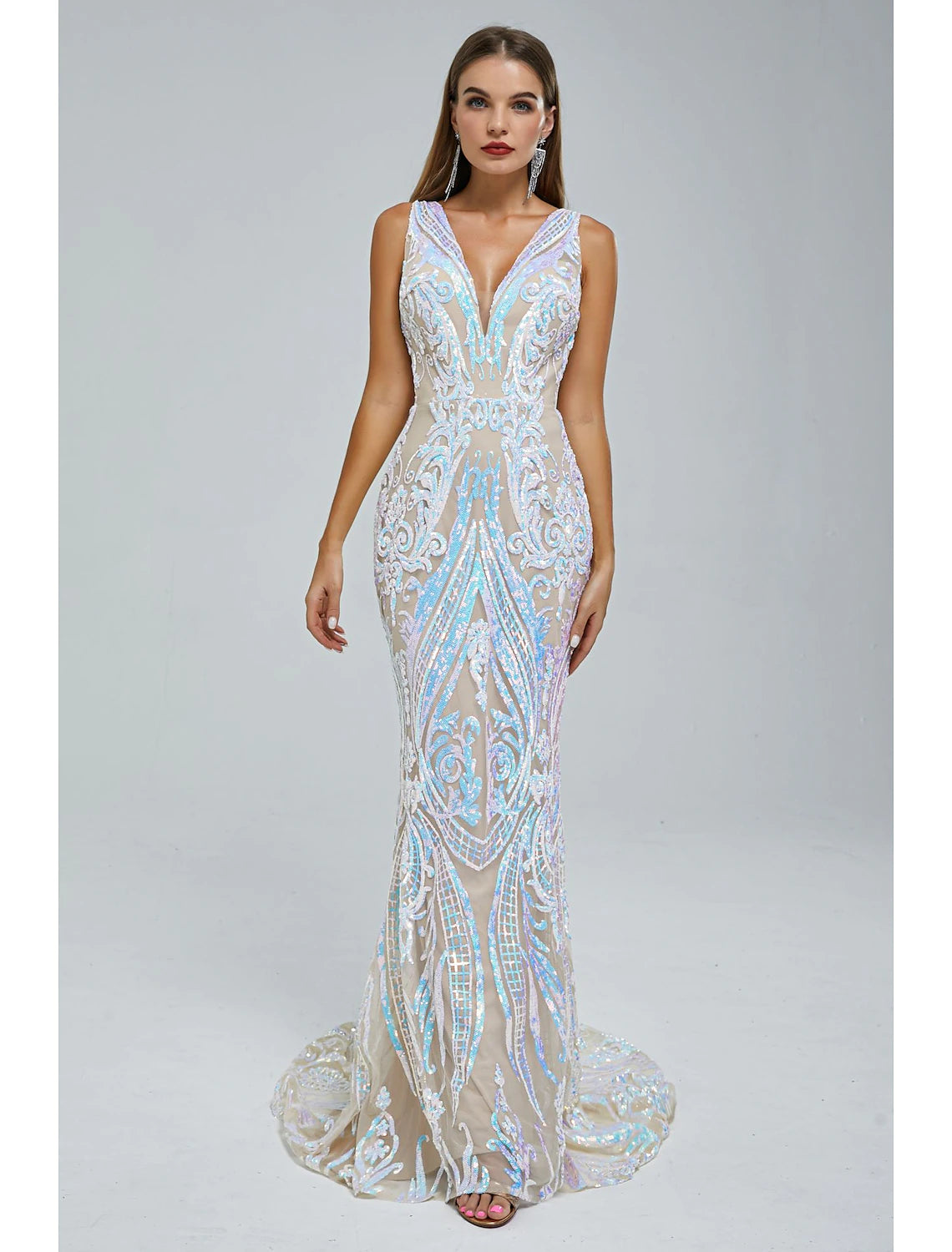 Luolandi Mermaid / Trumpet Evening Gown Sparkle & Shine Dress Wedding Guest Engagement Court Train Sleeveless V Neck Sequined