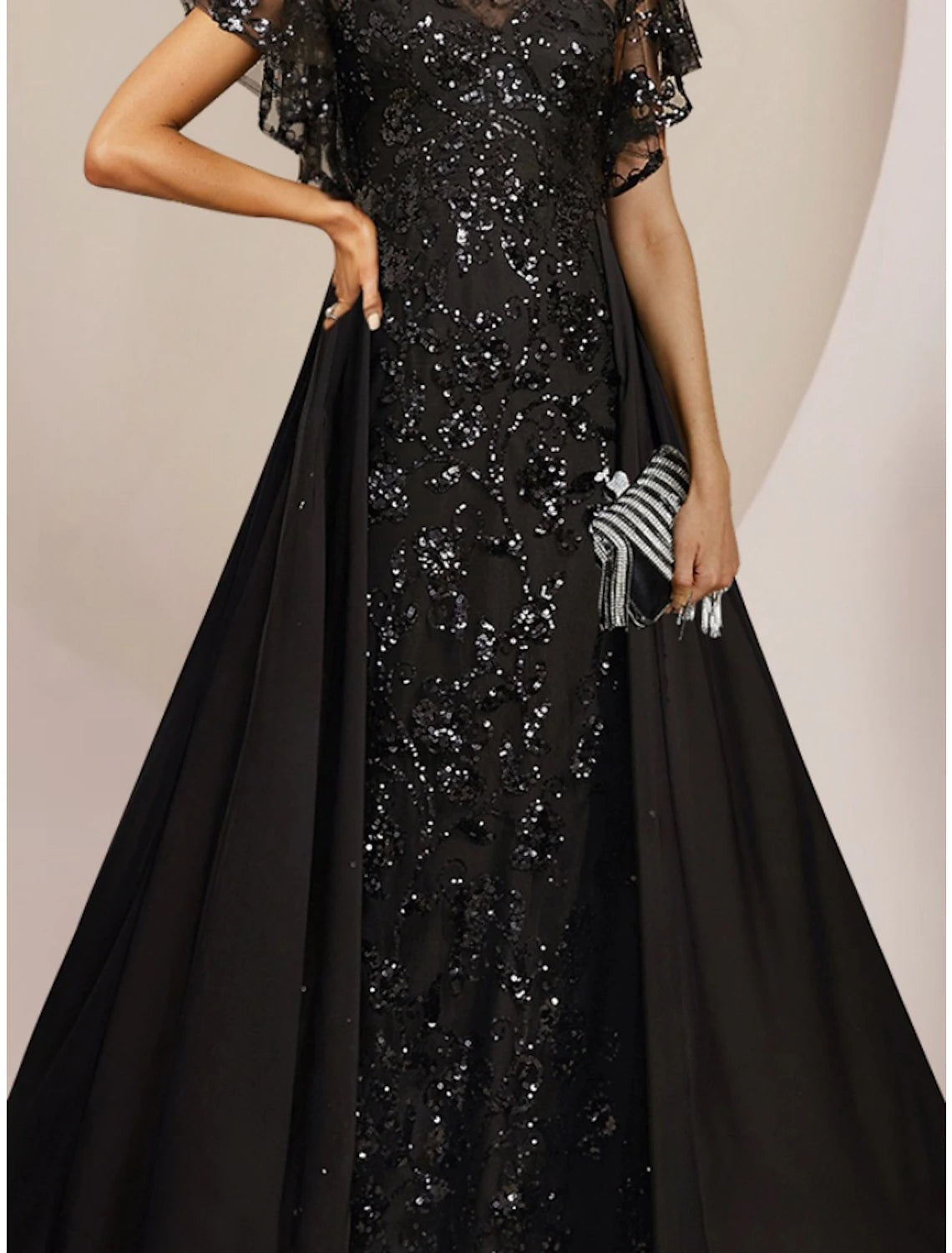 Luolandi A-Line Mother of the Bride Dress Wedding Guest Elegant Scoop Neck Floor Length Chiffon Lace Sequined Short Sleeve with Sequin Ruching