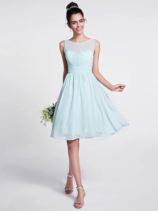 A-Line Bridesmaid Dress Scoop Neck Sleeveless Knee Length Chiffon with Ruched / Draping A-Line Bridesmaid Dress Scoop Neck Sleeveless Knee Length Chiffon with Ruched Pure Color
