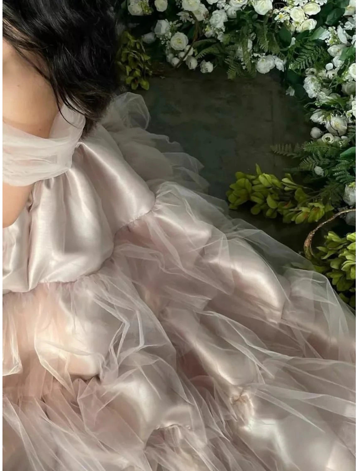 Luolandi A-Line Evening Gown Princess Dress Formal Floor Length Short Sleeve Off Shoulder Satin