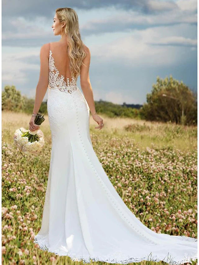 Luolandi Engagement Open Back Sexy Formal Wedding Dresses Court Train Mermaid / Trumpet Sleeveless V Neck Crepe