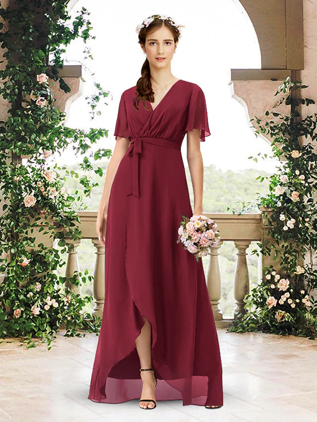 Luolandi A-Line Bridesmaid Dress V Neck Short Sleeve Elegant Asymmetrical / Floor Length Chiffon