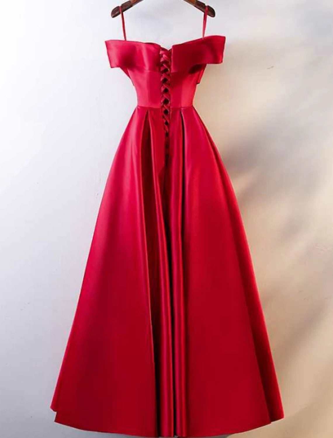 Luolandi A-Line Prom Dresses Open Back Dress Wedding Guest Prom Floor Length Short Sleeve Off Shoulder Satin