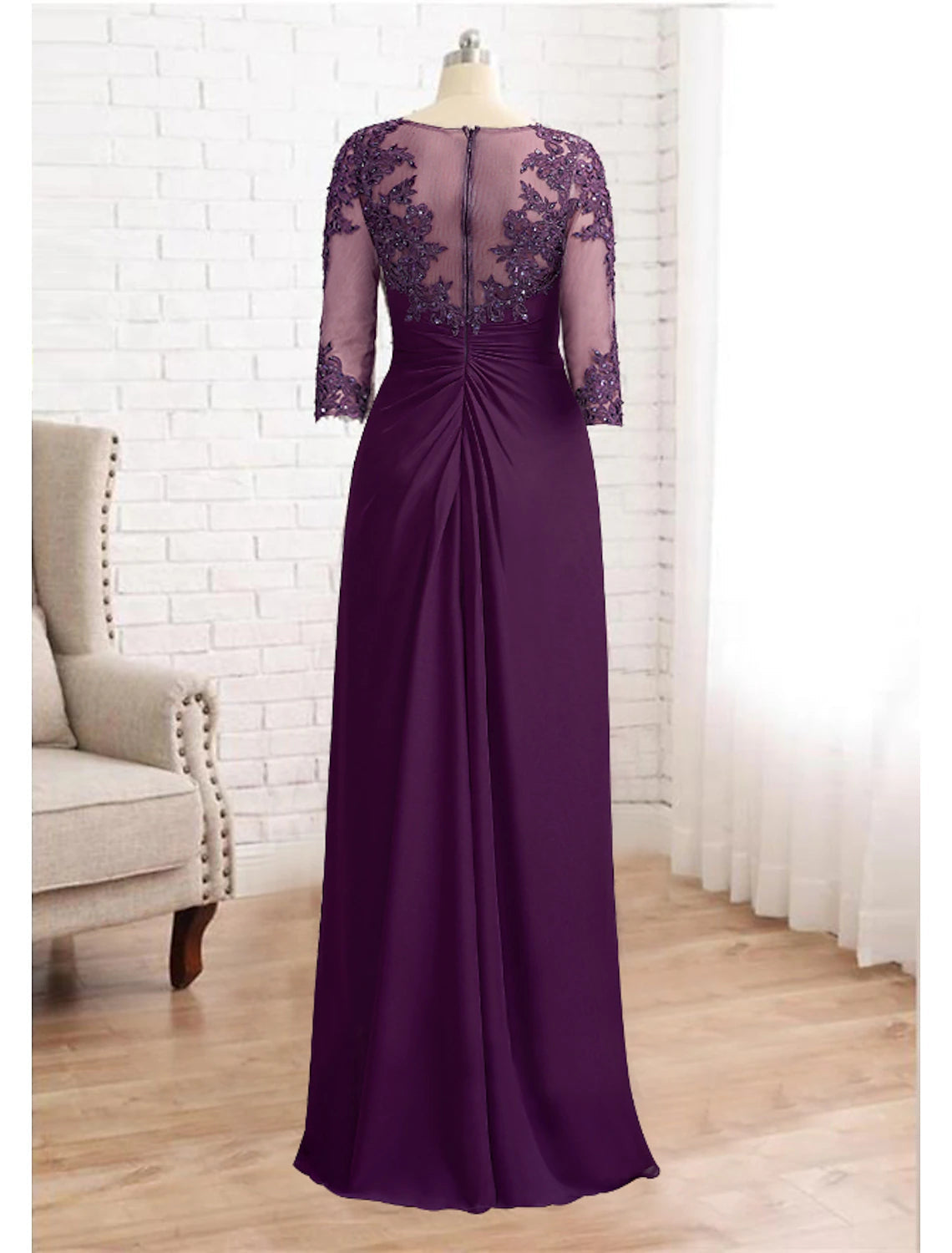 Luolandi Sheath / Column Mother of the Bride Dress Formal Fall Wedding Guest Elegant Sequin Scoop Neck Floor Length Chiffon Lace 3/4 Sleeve with Appliques Sparkle