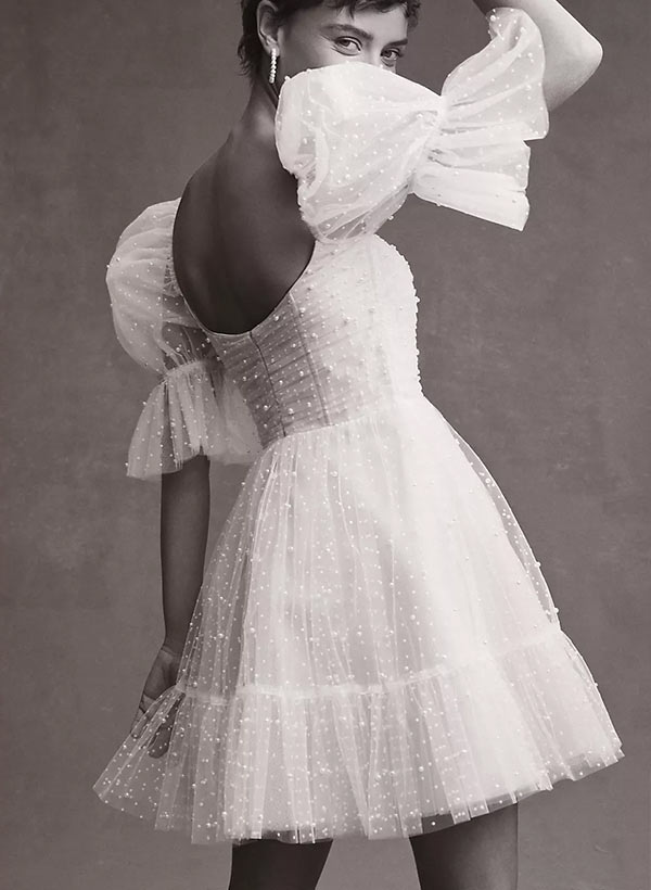 Luolandi Pearl Short Reception Wedding Dresses With Bubble Sleeves Beautiful Homecoming Dress