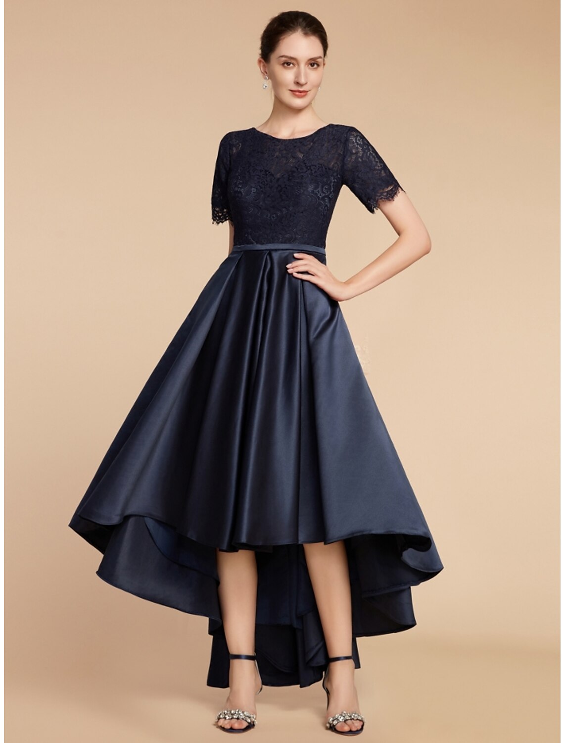 Luolandi A-Line Mother of the Bride Dress Wedding Guest Elegant Jewel Neck Asymmetrical Satin Lace Short Sleeve with Ruching