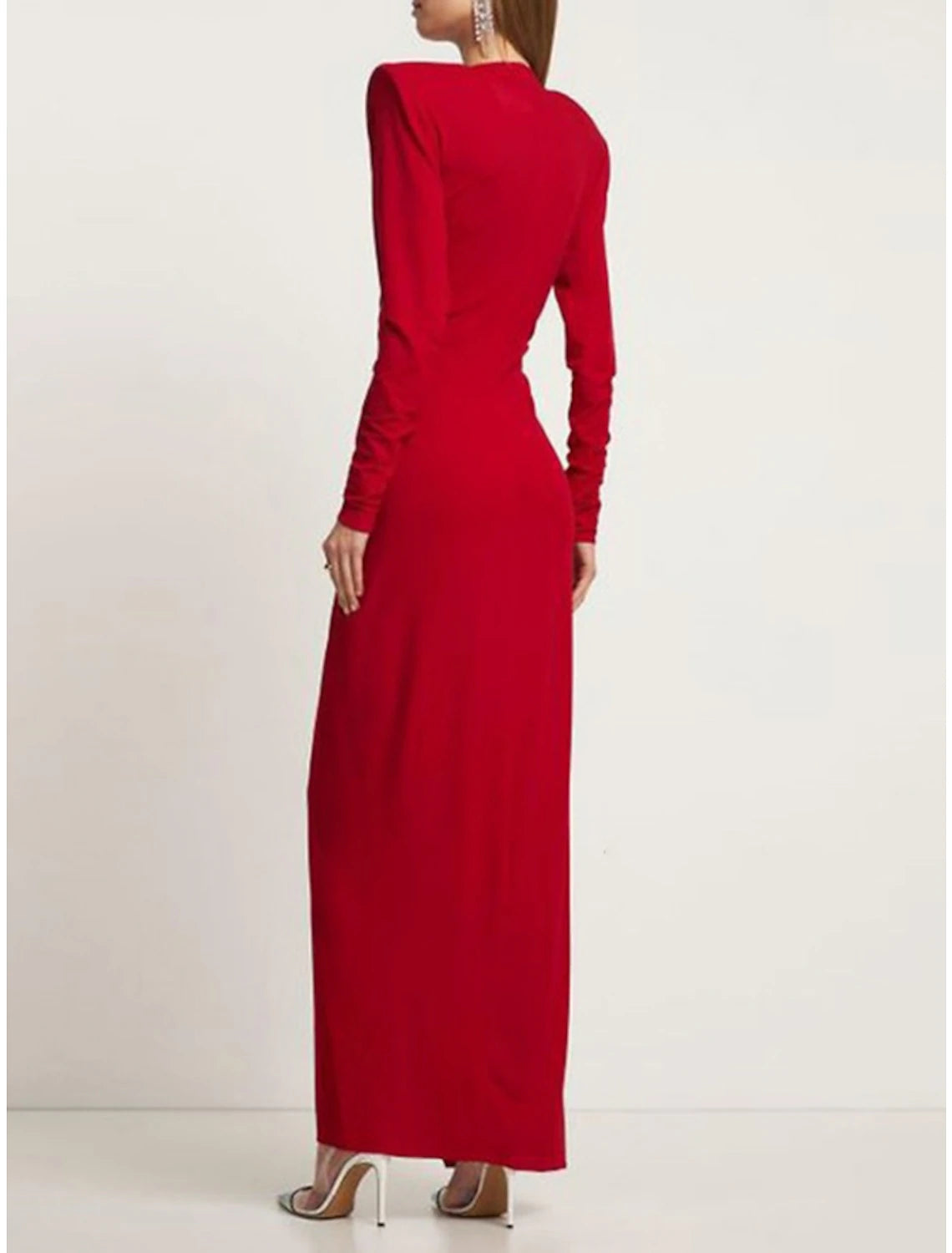 Luolandi Sheath / Column Evening Gown Elegant Dress Formal Ankle Length Christmas Red Green Dress Long Sleeve V Neck Chiffon