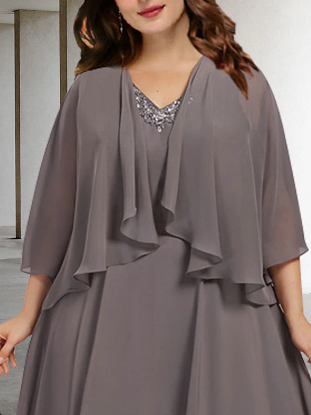 Luolandi Two Piece A-Line Plus Size Curve Mother of the Bride Dresses Elegant Dress Wedding Guest Tea Length Sleeveless V Neck Chiffon