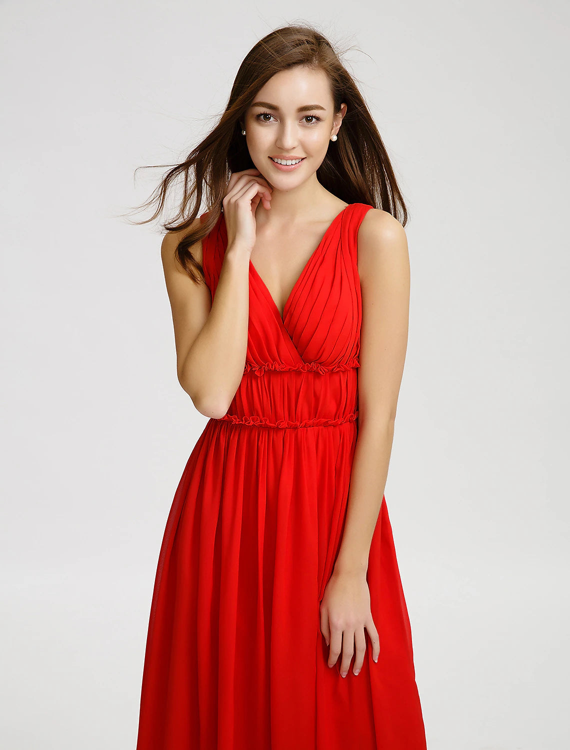 Luolandi A-Line Bridesmaid Dress V Neck Sleeveless Open Back Floor Length Chiffon with Criss Cross / Draping