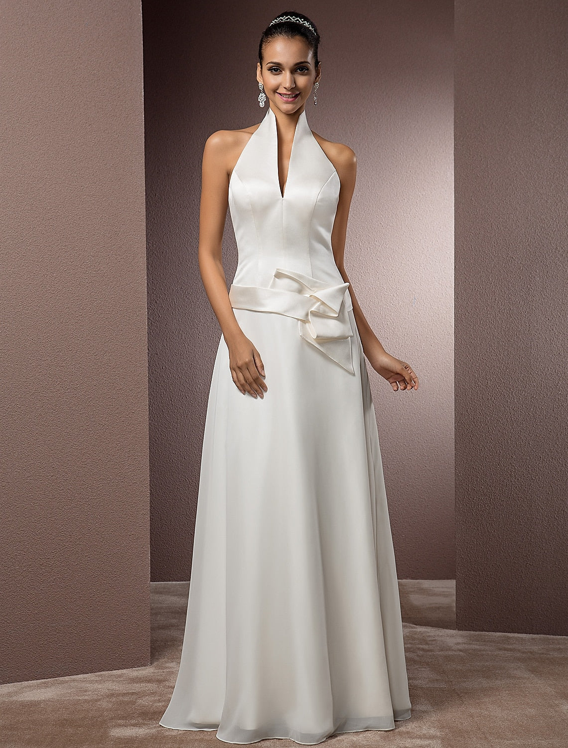 Luolandi Hall Wedding Dresses Sheath / Column Halter Sleeveless Floor Length Satin Bridal Gowns With Sash