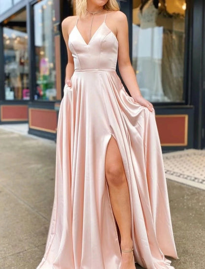 A-Line Prom Dresses Sexy Dress Formal Sweep / Brush Train Sleeveless V Neck Imitation Silk Backless