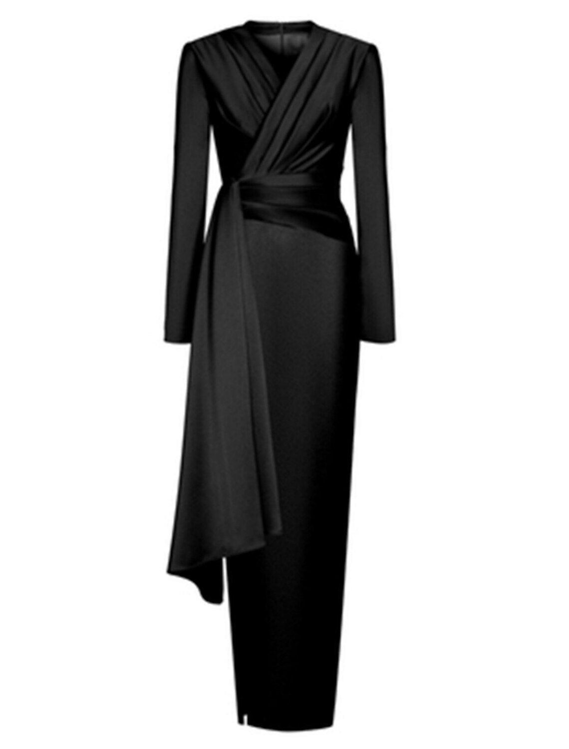 A-Line Evening Black Dress Christmas Elegant Dress Formal Ankle Length Long Sleeve V Neck Satin with Ruched